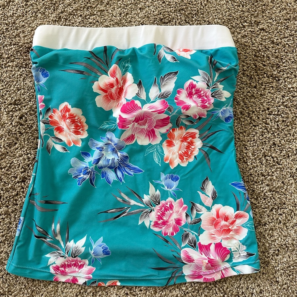 Floral Strapless Tankini Teal and Pink